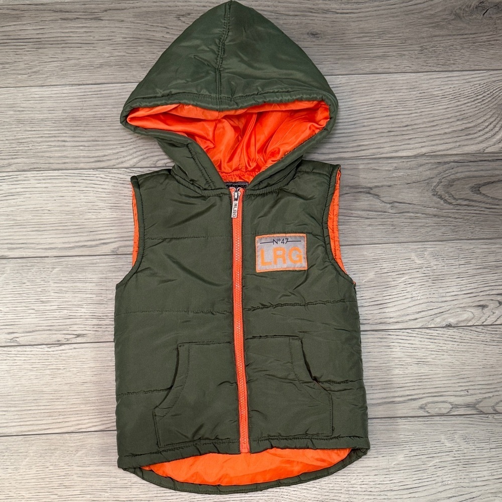 LRG Kids Hooded Puffer Vest Size 4 Green Orange